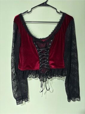 ROMWE Gothic Red Velvet Lace Up Corset Style Top XL Vampire Goth